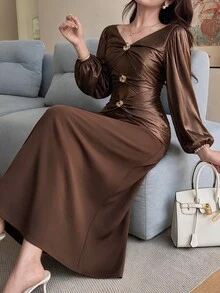 Feyla Women's Fashion Party Metal Decor Twisted Knot Dress - Brown - View 9