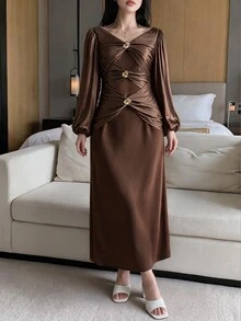 Feyla Women's Fashion Party Metal Decor Twisted Knot Dress - Brown - View 3