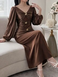 Feyla Women's Fashion Party Metal Decor Twisted Knot Dress - Brown - View 7