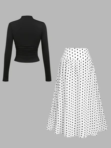 Sweetra Mock Neck Tee Black Black Polka Dot Print Skirt Brunch Tea Party Autumn Elegant - Black and White - View 2