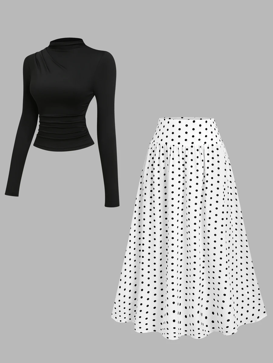 Sweetra Mock Neck Tee Black Black Polka Dot Print Skirt Brunch Tea Party Autumn Elegant - Black and White - View 1