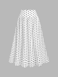 Sweetra Mock Neck Tee Black Black Polka Dot Print Skirt Brunch Tea Party Autumn Elegant - Black and White - View 6