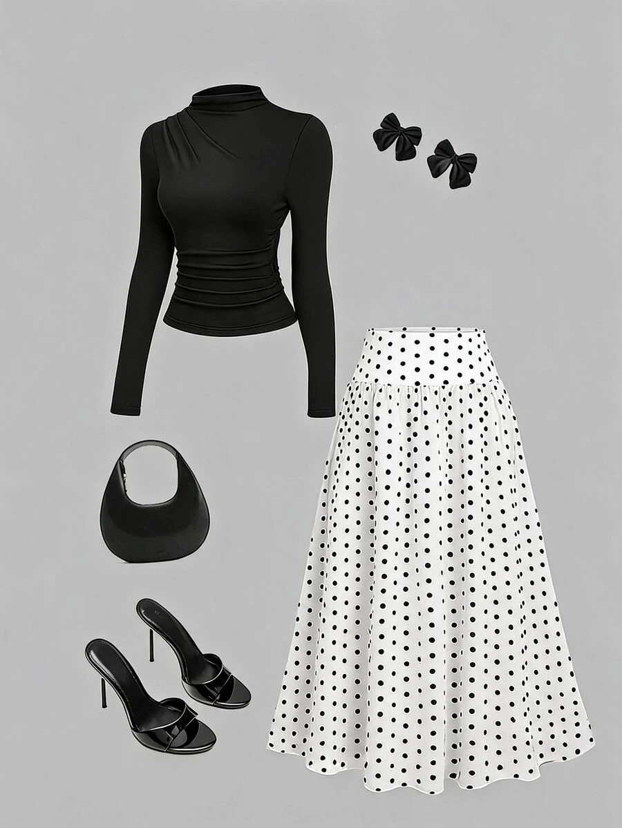 Sweetra Mock Neck Tee Black Black Polka Dot Print Skirt Brunch Tea Party Autumn Elegant - Black and White - View 1