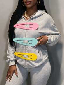 BamGleam Sweatshirt Resleting Kasual untuk Wanita dengan Hiasan Jepit Rambut - Grey - View 8