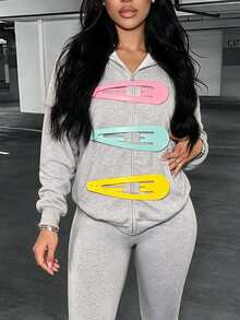BamGleam Sweatshirt Resleting Kasual untuk Wanita dengan Hiasan Jepit Rambut - Grey - View 7