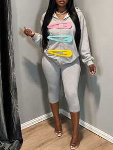 BamGleam Sweatshirt Resleting Kasual untuk Wanita dengan Hiasan Jepit Rambut - Grey - View 9