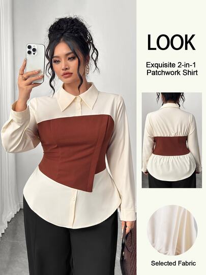 Elenzga Nieuwe elegante, verfijnde 2-in-1 patchwork blouse met getailleerde taille en lange mouwen voor dames in grote maten, geschikt voor werk en business casual