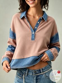 SHEIN This New Autumn Style Light Pink And Blue Half-Button Collar Drop-Shoulder Women's Sweatshirt Is Perfect For Casual Wear, Commuting, And Halloween. - Multicolor - View 3