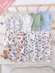 SHEIN [Random 7pcs Send 2pcs] Newborn Baby Home Bodysuit, Unisex Long Sleeve Snap Button Romper, Dinosaur Elephant Car Cartoon Print, Soft Skin-Friendly For All Seasons Home Or Outdoor - Multicolor - View 4