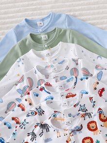 SHEIN [Random 7pcs Send 2pcs] Newborn Baby Home Bodysuit, Unisex Long Sleeve Snap Button Romper, Dinosaur Elephant Car Cartoon Print, Soft Skin-Friendly For All Seasons Home Or Outdoor - Multicolor - View 7