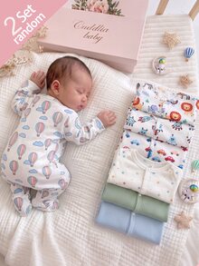SHEIN [Random 7pcs Send 2pcs] Newborn Baby Home Bodysuit, Unisex Long Sleeve Snap Button Romper, Dinosaur Elephant Car Cartoon Print, Soft Skin-Friendly For All Seasons Home Or Outdoor - Multicolor - View 2