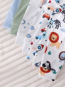SHEIN [Random 7pcs Send 2pcs] Newborn Baby Home Bodysuit, Unisex Long Sleeve Snap Button Romper, Dinosaur Elephant Car Cartoon Print, Soft Skin-Friendly For All Seasons Home Or Outdoor - Multicolor - View 5