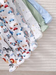 SHEIN [Random 7pcs Send 2pcs] Newborn Baby Home Bodysuit, Unisex Long Sleeve Snap Button Romper, Dinosaur Elephant Car Cartoon Print, Soft Skin-Friendly For All Seasons Home Or Outdoor - Multicolor - View 6