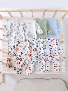 SHEIN [Random 7pcs Send 2pcs] Newborn Baby Home Bodysuit, Unisex Long Sleeve Snap Button Romper, Dinosaur Elephant Car Cartoon Print, Soft Skin-Friendly For All Seasons Home Or Outdoor - Multicolor - View 3