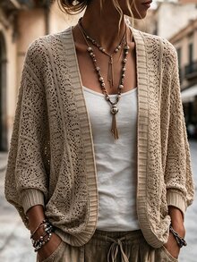 EMERY ROSE Women's Casual Commuting Elegant Blouse, Solid Color Hollow-Out Semi-Sheer 3/4 Sleeve Comfortable Loose Cardigan, Spring/Summer - Apricot - View 3