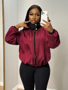 BamGleam Women's Colorblock Stand Collar Short Jacket, Loose Relaxed Fit Zip-Up Baseball Style Casual Workwear Outerwear, Autumn - Burgundy - View 4