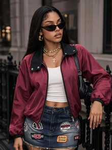 BamGleam Women's Colorblock Stand Collar Short Jacket, Loose Relaxed Fit Zip-Up Baseball Style Casual Workwear Outerwear, Autumn - Burgundy - View 9