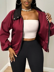 BamGleam Women's Colorblock Stand Collar Short Jacket, Loose Relaxed Fit Zip-Up Baseball Style Casual Workwear Outerwear, Autumn - Burgundy - View 10