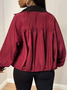 BamGleam Women's Colorblock Stand Collar Short Jacket, Loose Relaxed Fit Zip-Up Baseball Style Casual Workwear Outerwear, Autumn - Burgundy - View 3