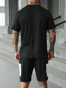 Manfinity Homme Men's Colorblock Crew Neck Short Sleeve T-Shirt And Shorts Set Men 2 Pieces Outfits Summer - Black and White - View 2