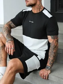 Manfinity Homme Men's Colorblock Crew Neck Short Sleeve T-Shirt And Shorts Set Men 2 Pieces Outfits Summer - Black and White - View 3