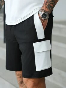 Manfinity Homme Men's Colorblock Crew Neck Short Sleeve T-Shirt And Shorts Set Men 2 Pieces Outfits Summer - Black and White - View 4