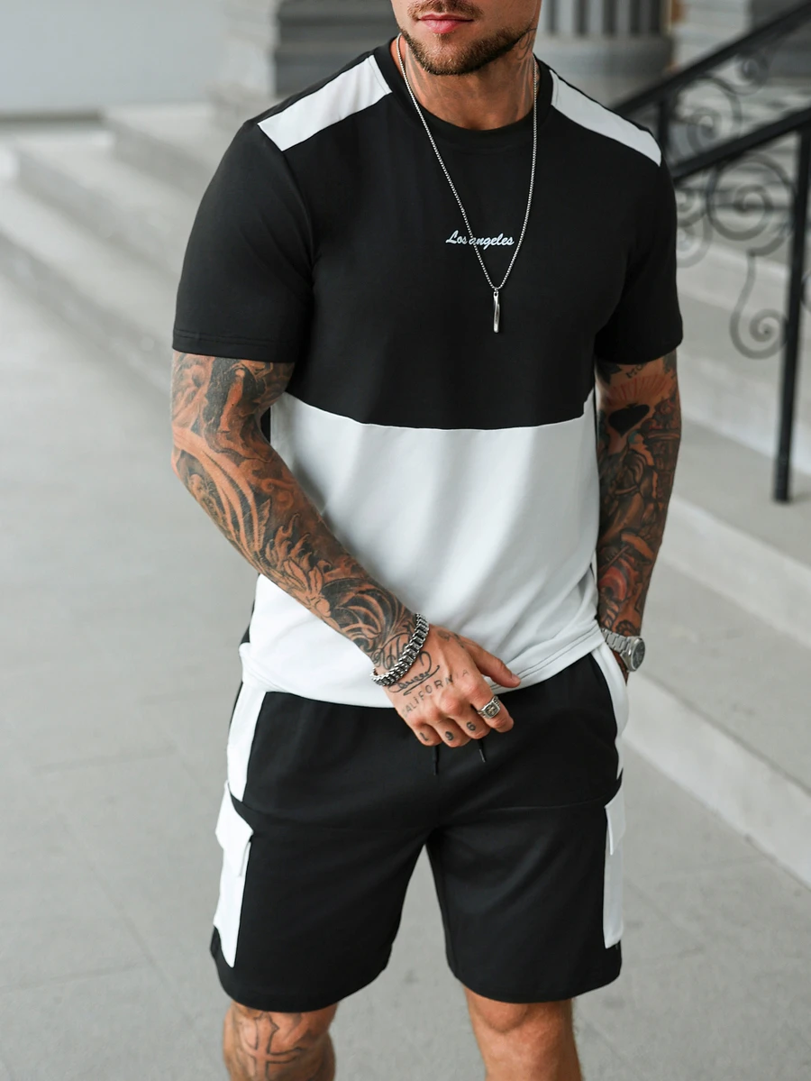 Manfinity Homme Men's Colorblock Crew Neck Short Sleeve T-Shirt And Shorts Set Men 2 Pieces Outfits Summer - Black and White - View 1
