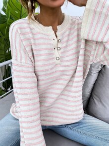 Omancia 情人节休闲简约粉色条纹毛衣，针织套头衫，秋冬款 - 淺粉色 - 查看 4