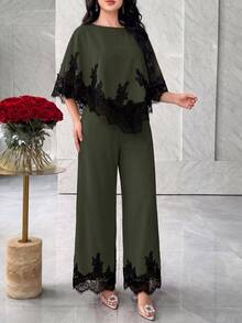 Modelyn Bộ áo choàng phối ren vạt không đối xứng và quần cho nữ - màu xanh lá - Xem 5