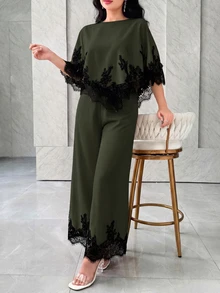 Modelyn Bộ áo choàng phối ren vạt không đối xứng và quần cho nữ - màu xanh lá - Xem 6