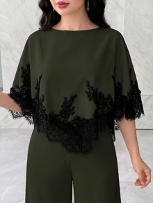 Modelyn Bộ áo choàng phối ren vạt không đối xứng và quần cho nữ - màu xanh lá - Xem 3