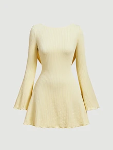SHEIN MOD Ribbed Knit Cowl Neck Mini Dress For Teen Girls Long Bell Sleeve Party Dress,Knit Dresses For Women,Yellow Dress Women,Ribbed Dress - Light Yellow - View 5