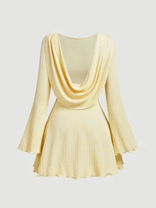 SHEIN MOD Ribbed Knit Cowl Neck Mini Dress For Teen Girls Long Bell Sleeve Party Dress,Knit Dresses For Women,Yellow Dress Women,Ribbed Dress - Light Yellow - View 4