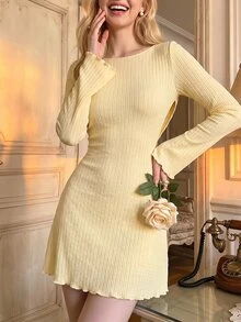 SHEIN MOD Ribbed Knit Cowl Neck Mini Dress For Teen Girls Long Bell Sleeve Party Dress,Knit Dresses For Women,Yellow Dress Women,Ribbed Dress - Light Yellow - View 2