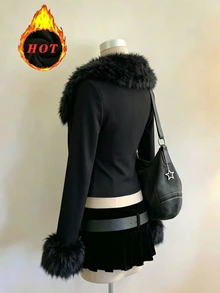 INAWLY Women's Fitted Fur Collar Zip-Up Fleece Sweatshirt, Warm - Black - View 2