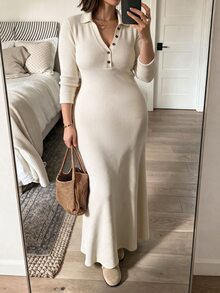 Weeklong Plus Size Fall Winter Ribbed Fleece Knit Maxi Dress Lapel Half Button Long Sleeve Casual Dress - Apricot - View 1