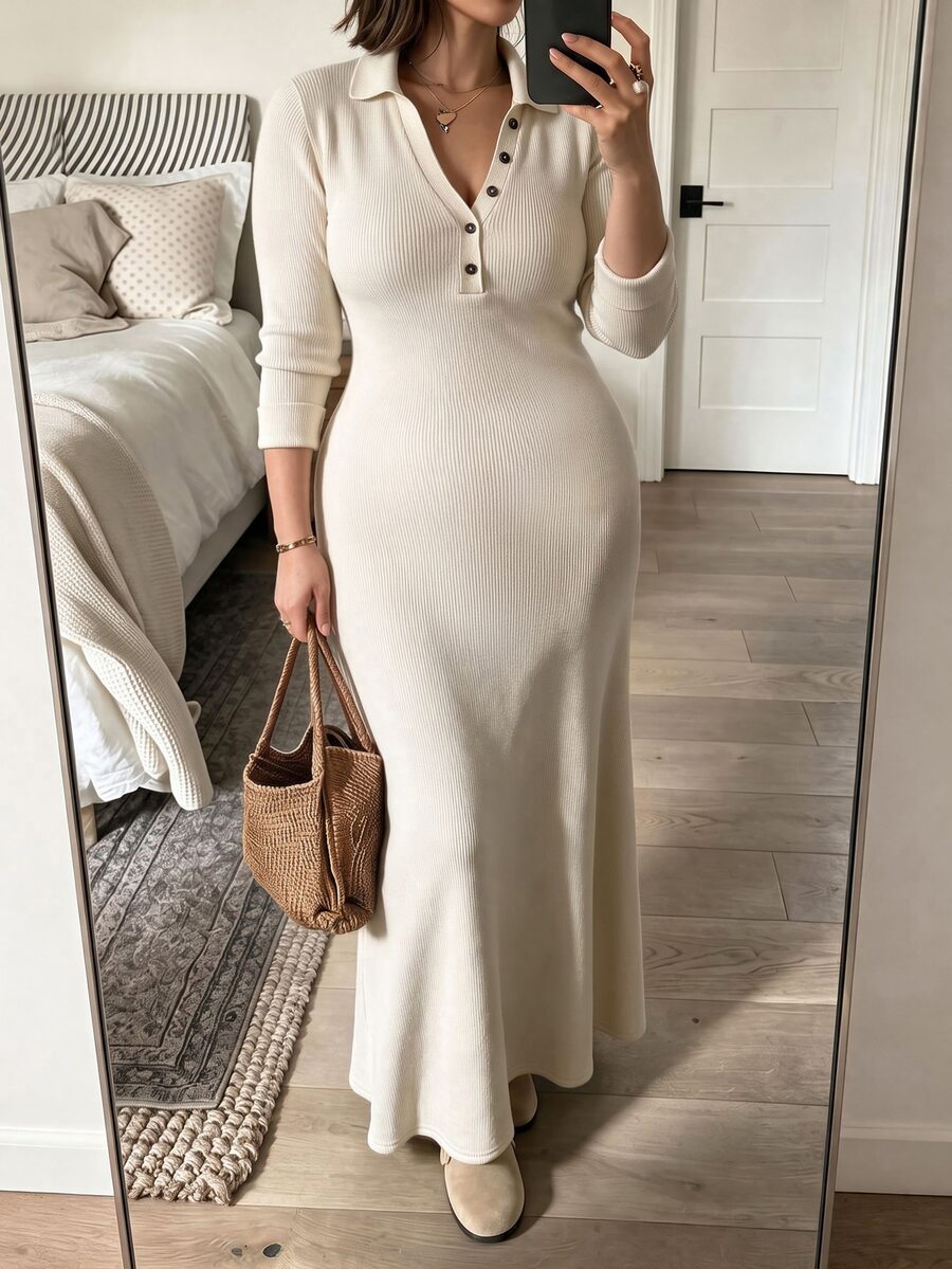 Weeklong Plus Size Fall Winter Ribbed Fleece Knit Maxi Dress Lapel Half Button Long Sleeve Casual Dress - Apricot - View 1