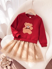 SHEIN Playful Pals 1件女童甜美可愛棕熊貼花網紗芭蕾舞裙，蝴蝶結下擺，長袖圓領，常規款，適合生日派對、秋季，舒適套頭式 - 紅色 - 查看 1
