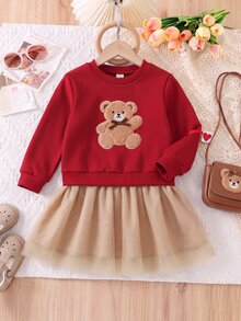 SHEIN Playful Pals 1件女童甜美可愛棕熊貼花網紗芭蕾舞裙，蝴蝶結下擺，長袖圓領，常規款，適合生日派對、秋季，舒適套頭式 - 紅色 - 查看 8