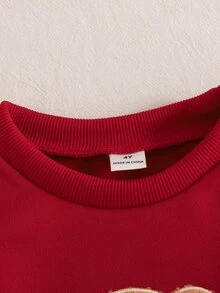 SHEIN Playful Pals 1件女童甜美可愛棕熊貼花網紗芭蕾舞裙，蝴蝶結下擺，長袖圓領，常規款，適合生日派對、秋季，舒適套頭式 - 紅色 - 查看 4