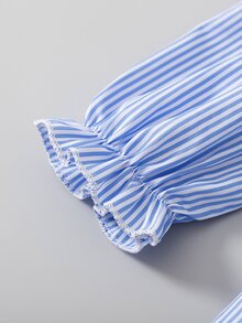 SHEIN Playful Pals Toddler Girls 2pcs Polyester Lapel Collar Long Sleeve Striped Ruffle Applique Long Regular Fit Princess Shirt Set Back To School Fall Blue - Blue - View 5