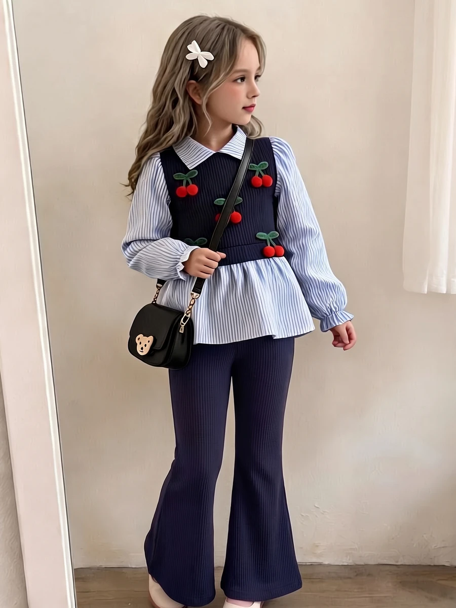 SHEIN Playful Pals Toddler Girls 2pcs Polyester Lapel Collar Long Sleeve Striped Ruffle Applique Long Regular Fit Princess Shirt Set Back To School Fall Blue - Blue - View 1