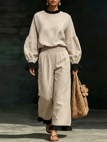 SHEIN Boho Casual Elegant Women Linen‑Look Two Pieces Outfit Beige Ruffle Details Puff Sleeve Top Smocked Waist Wide Leg Trousers Matching Set Brunch Fall - Apricot - View 7