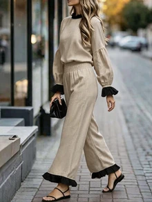 SHEIN Boho Casual Elegant Women Linen‑Look Two Pieces Outfit Beige Ruffle Details Puff Sleeve Top Smocked Waist Wide Leg Trousers Matching Set Brunch Fall - Apricot - View 2