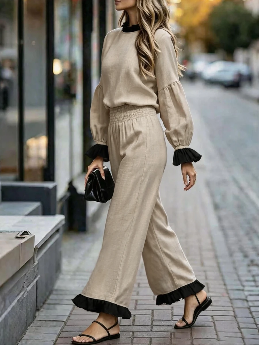 SHEIN Boho Casual Elegant Women Linen‑Look Two Pieces Outfit Beige Ruffle Details Puff Sleeve Top Smocked Waist Wide Leg Trousers Matching Set Brunch Fall