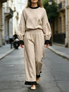 SHEIN Boho Casual Elegant Women Linen‑Look Two Pieces Outfit Beige Ruffle Details Puff Sleeve Top Smocked Waist Wide Leg Trousers Matching Set Brunch Fall - Apricot - View 8