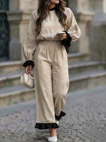 SHEIN Boho Casual Elegant Women Linen‑Look Two Pieces Outfit Beige Ruffle Details Puff Sleeve Top Smocked Waist Wide Leg Trousers Matching Set Brunch Fall - Apricot - View 6