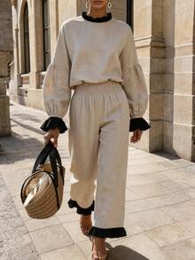 SHEIN Boho Casual Elegant Women Linen‑Look Two Pieces Outfit Beige Ruffle Details Puff Sleeve Top Smocked Waist Wide Leg Trousers Matching Set Brunch Fall - Apricot - View 5