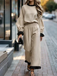 SHEIN Boho Casual Elegant Women Linen‑Look Two Pieces Outfit Beige Ruffle Details Puff Sleeve Top Smocked Waist Wide Leg Trousers Matching Set Brunch Fall - Apricot - View 4