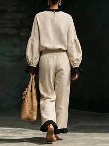 SHEIN Boho Casual Elegant Women Linen‑Look Two Pieces Outfit Beige Ruffle Details Puff Sleeve Top Smocked Waist Wide Leg Trousers Matching Set Brunch Fall - Apricot - View 3